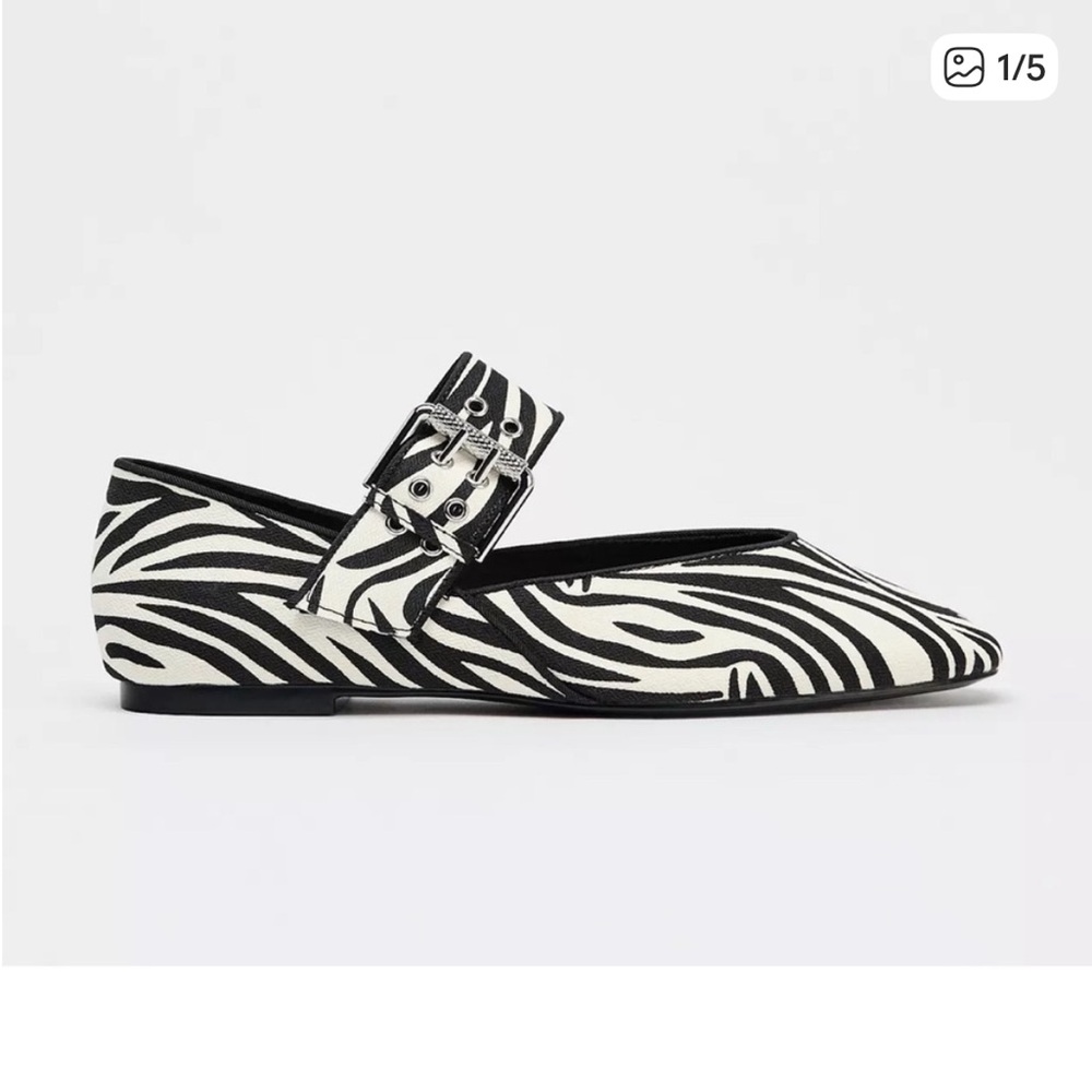Zara Black & White Zebra-Print Buckle Mary Jane Flats